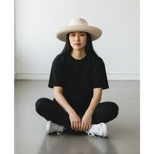 Vintage Ted Lapidus Paris Cream Wool Felt Wide Brim Hat w/Ribbon Designer France